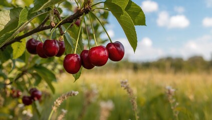 Obraz premium Cherries hanging from branches surrounded by lush green leaves, symbolizing freshness and health benefits