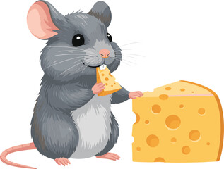 Cartoon gray mouse with pink ears eating cheese beside a large Swiss cheese block on white background, cute vector illustration