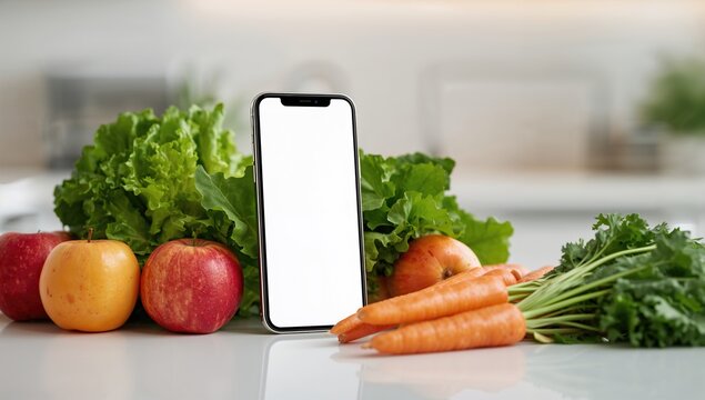 Smartphone displaying a blank screen alongside fresh produce, promoting a healthy meal preparation approach - Powered by Adobe