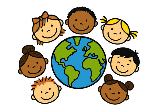 Smiling diverse children's faces surrounding the planet Earth globe symbolizing global unity and friendship