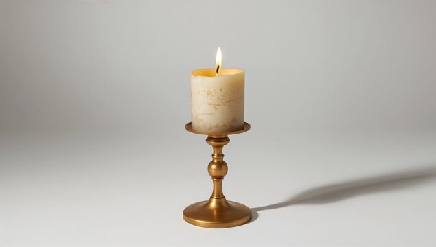 Vintage candle lit on a golden candlestick against a white backdrop, decorative accent for themed events