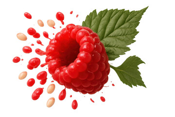 Raspberry fruit exploding with sweet juice, splashing red liquid and seeds, fresh berry with green leaf element