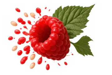 Raspberry fruit exploding with sweet juice, splashing red liquid and seeds, fresh berry with green leaf element