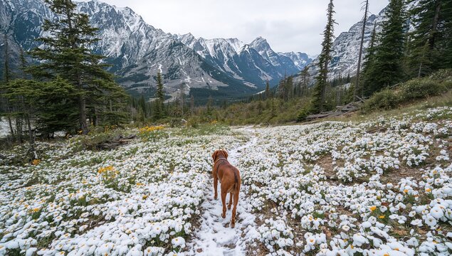My dog and I ventured through a snowy alpine valley, discovering a vibrant forest with towering trees and stunning mountain vistas, exploration theme