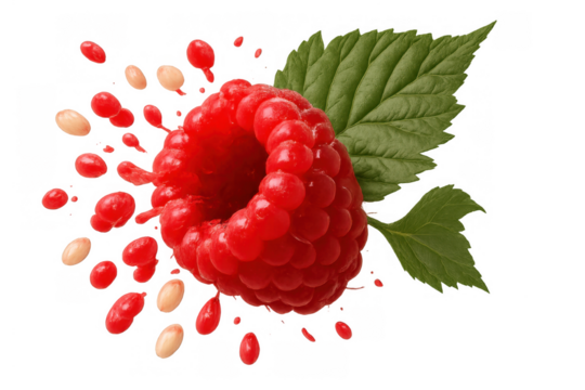 Raspberry fruit exploding with sweet juice, splashing red liquid and seeds, fresh berry with green leaf element