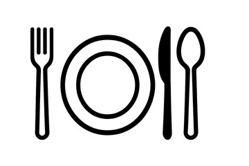 Minimalist black outline of a full dinner place setting with plate, fork, knife, and spoon