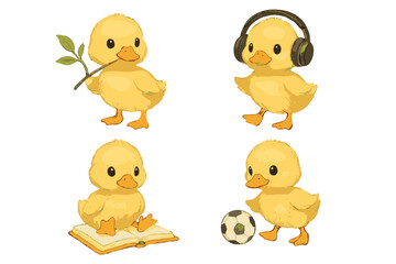 Set of four cute yellow baby ducklings doing activities like reading, listening to music, and playing soccer