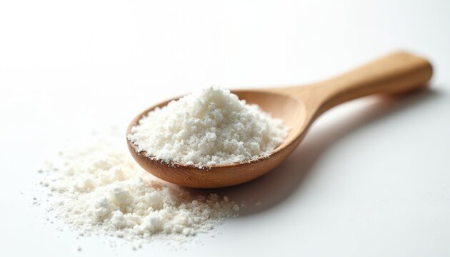 White magnesium glycinate powder in wooden spoon on white background. Magnesium powder heap in traditional wooden spoon. Fine white powder for wellness and health.