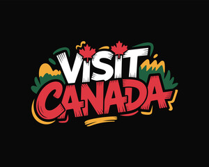 Colorful and Fun Visit Canada Design with Maple Leaves and Mountain Graphics
