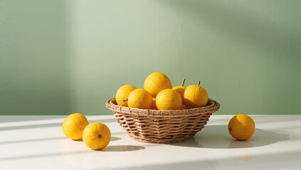 Yellow melons arranged in a basket, ideal for summer culinary presentations