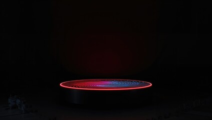 Pedestal adorned with a red and blue neon light design on a black geometric backdrop, suitable for modern visual presentations