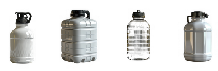 Collection of four water bottles and containers isolated on transparent background