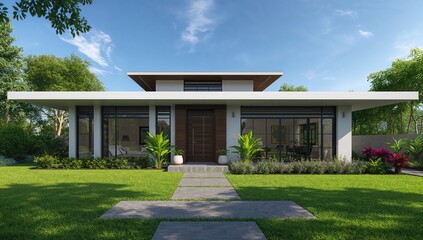 Modern home facade featuring entrance and front door, showcasing garden view, accessibility