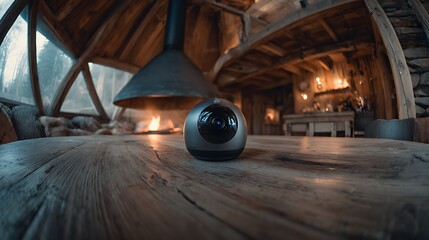 Camera on wooden table with fireplace and rustic interior in background creating cozy atmosphere view