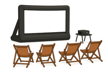 Fototapeta premium Portable outdoor cinema setup with inflatable screen, projector, and folding chairs