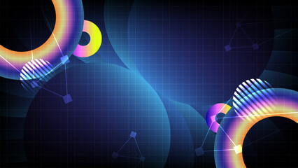 Abstract futuristic technology background featuring glowing neon rings. Holographic geometric gradient shapes, Digital grid patterns presentation design