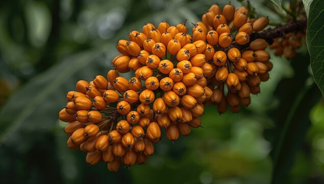 Copaba branch with vibrant orange aryl fruits, showcasing potential medicinal uses