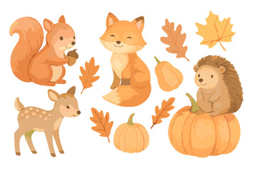 Obraz premium Adorable woodland animals squirrel fox hedgehog fawn pumpkins and autumn leaves