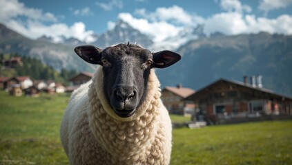 Fototapeta premium Valais Blacknose Sheep grazing in a mountainous landscape, showcasing the importance of preservation