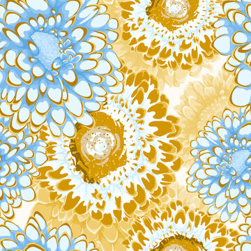 Abstract watercolor floral pattern with soft blue and warm golden yellow chrysanthemum blossoms