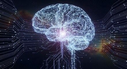 Digital brain with circuit patterns and glowing center against a dark space background