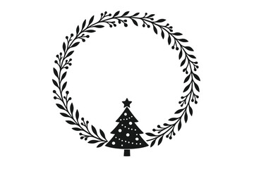 Stylized Christmas wreath frame with holiday tree silhouette and decorative berries