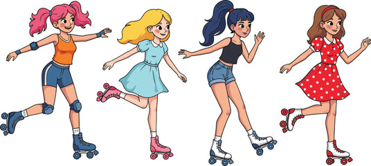Cartoon girls roller skating, colorful outfits, dynamic motion, playful activity, outdoor fun, animated characters, youth lifestyle, sport, fashion, movement