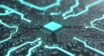 Close up of a glowing turquoise chip on a dark circuit board with bright lines and connections