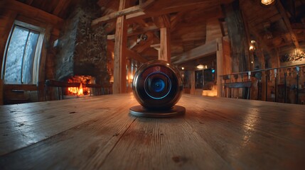 Camera on wooden table in rustic room with fireplace and window during the nighttime setting scene