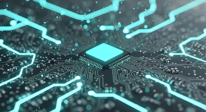 Close up of a glowing turquoise chip on a dark circuit board with bright lines and connections