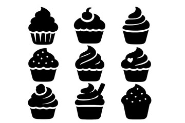Nine sweet bakery desserts featuring various cupcake shapes and frosting designs