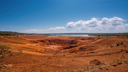 Obraz premium Wide-angle view of a desolate open pit mine in an arid region, highlighting erosion risk