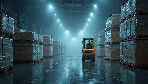 Forklift operates in dimly lit warehouse aisle with stacked goods. Operator moves cargo between tall pallet shelves in a foggy industrial space. Automated storage and distribution center. - Powered by Adobe