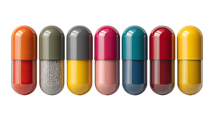 Modern pills dispenser with assorted capsules arranged in organized healthcare layout representing medication management, daily dosing and pharmaceutical routine isolated on white background
