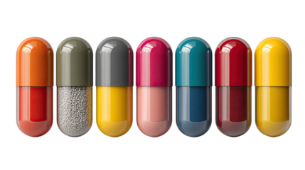 Modern pills dispenser with assorted capsules arranged in organized healthcare layout representing medication management, daily dosing and pharmaceutical routine isolated on white background
