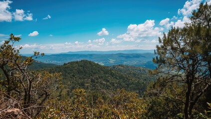 Naklejka premium Scenic panorama from a mountain peak, showcasing natural beauty and elevation
