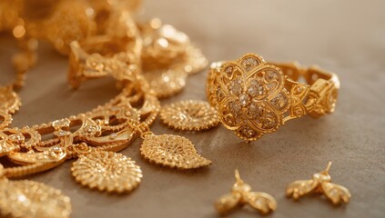 Detailed close-up of intricate gold jewelry, showcasing craftsmanship and cultural significance