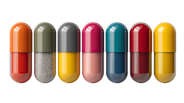 Modern pills dispenser with assorted capsules arranged in organized healthcare layout representing medication management, daily dosing and pharmaceutical routine isolated on white background
