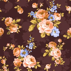 Gardinen Vintage Blumen Vintage floral pattern with delicate peach and pink roses and blue wildflowers on a dark brown background  © Pattern Jungle