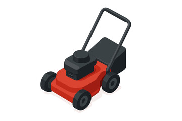 Isometric red and black push lawnmower for yard maintenance and grass cutting