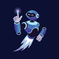 A Friendly Robot with a Touchscreen Interface Flying with Rocket Boosters Against a Dark Backdrop
