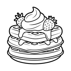 Delicious stack of waffles with whipped cream and strawberries isolated on white background vector drawing
