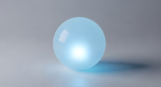A light blue sphere with a bright white light in the center on a light gray surface with a shadow