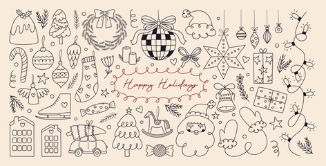 Christmas outline drawings vector bundle with various decorations, trees, toys, bell, stars and other noel elements for party celebration. Hand drawn silhouettes doodle clipart