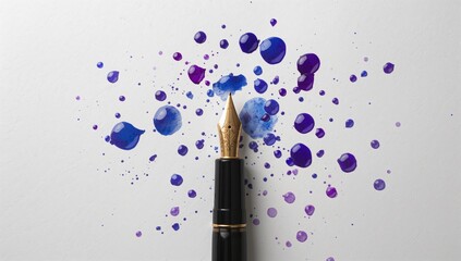 Stylish fountain pen resting on paper with ink drops, ideal for editorial header background