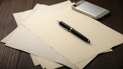 Papers with a pen and mobile device on a dark wooden surface, focus on productivity