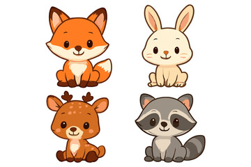 Cute cartoon forest animals: fox, rabbit, deer, and raccoon sitting together