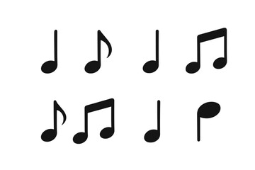 Collection of black musical notes and symbols representing melody and rhythm