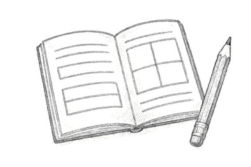 Open sketchbook with blank pages and a pencil ready for drawing or writing isolated on white