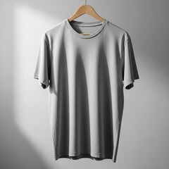 Plain Grey T-shirt on Wooden Hanger Against a Clean Wall with Soft Shadows